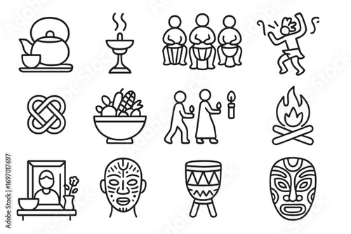 Cultural Ritual Icons. Line style icons of cultural rituals around the world: tea ceremony pot, incense burning stand, drum circle