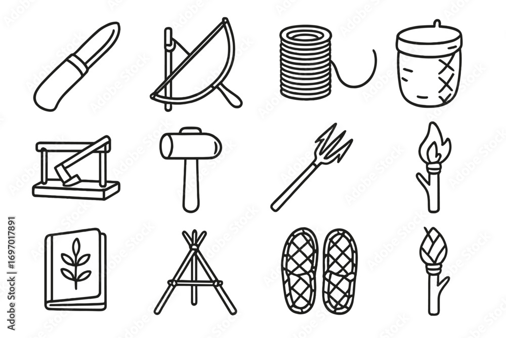 Bushcraft Tool Icons. Line style icons of bushcraft tools: wood carving knife, fire bow, cordage roll, bark container, handmade