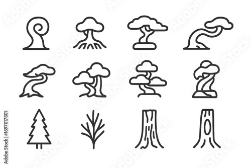 Bonsai Line Icons. Line style icons of bonsai tree shapes and features: thick trunk swirl, exposed root base, wide canopy form,