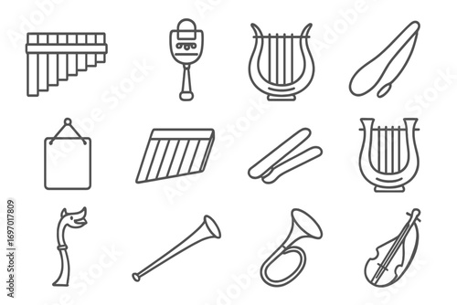 Ancient Musical Icons. Line style icons of ancient rare instruments: pan flute, sistrum rattle, lyre harp, bullroarer, lithophone