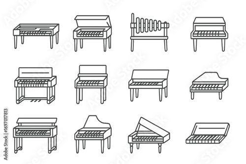 Rare Keyboard Instruments. Line style icons of keyboard-based rare instruments: clavichord, harmonichord, glass piano, toy piano,