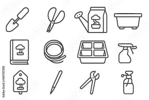 Beginner Bonsai Tools Icons. Line style icons of beginner bonsai tools: mini spade, lightweight scissors, plastic watering can,