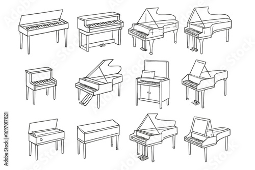 Rare Keyboard Instruments. Line style icons of keyboard-based rare instruments: clavichord, harmonichord, glass piano, toy piano,
