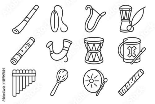 Folk Instrument Icons. Line style icons of folk and tribal rare instruments: didgeridoo, bullroarer, jaw harp, birimbao, rainstick