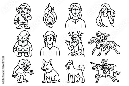 European Folklore Icons. Line style icons of European folklore beings: brownie, will-o’-the-wisp, banshee, redcap, elf, selkie,