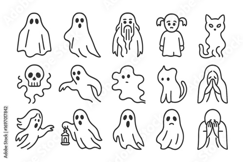 Ghostly Apparitions Icons. Line style icons of ghostly apparitions: cloaked ghost, shadow phantom, ancient spirit, haunted child,