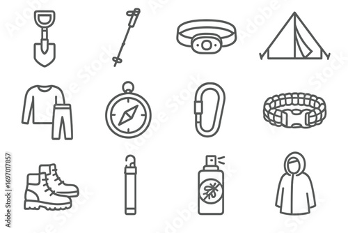 Survival Gear Icons. Line style icons of outdoor survival equipment: foldable shovel, trekking pole, headlamp, emergency tent,