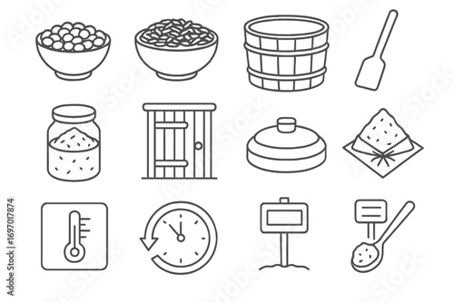 Miso Fermentation Icons. Line style icons of miso fermentation setup: soybeans bowl, koji rice, fermentation tub, wooden paddle,
