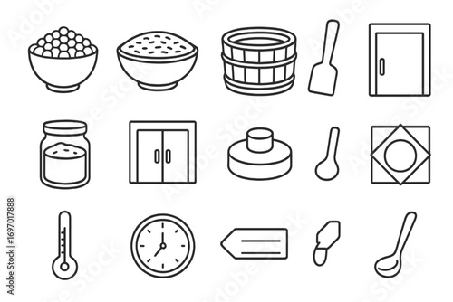 Miso Fermentation Icons. Line style icons of miso fermentation setup: soybeans bowl, koji rice, fermentation tub, wooden paddle,