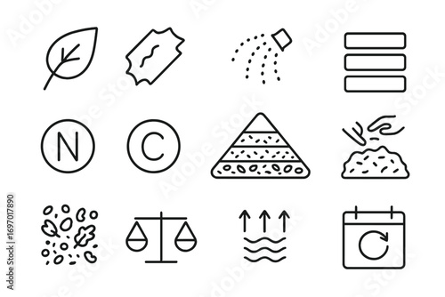 Compost Layer Icons. Line style icons of compost pile layers: green layer icon, brown layer icon, water sprinkle, layer chart,