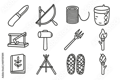 Bushcraft Tool Icons. Line style icons of bushcraft tools: wood carving knife, fire bow, cordage roll, bark container, handmade