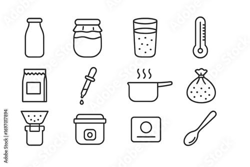 Dairy Fermentation Icons. Line style icons of dairy fermentation items: milk bottle, yogurt jar, kefir glass, thermometer,