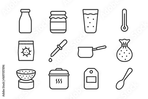 Dairy Fermentation Icons. Line style icons of dairy fermentation items: milk bottle, yogurt jar, kefir glass, thermometer,