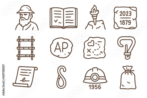Cave History Icons. Line style icons of cave history elements: early explorer sketch, dated inscription, exploration logbook,