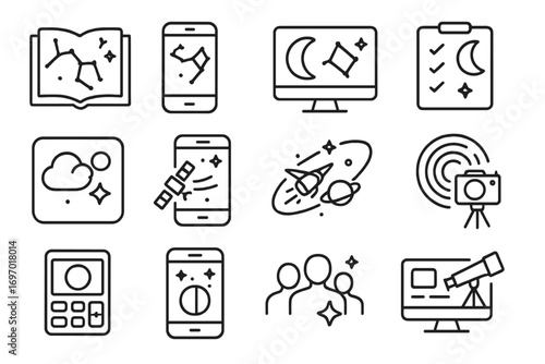 Astronomy Software Icons. Line style icons of night sky software and tools: sky atlas database, constellation guide app,