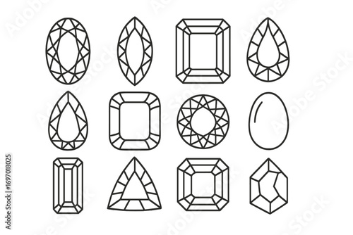 Gemstone Cut Icons. Line style icons of gemstone cuts and shapes: oval cut gemstone, marquise gemstone, emerald cut, pear shape