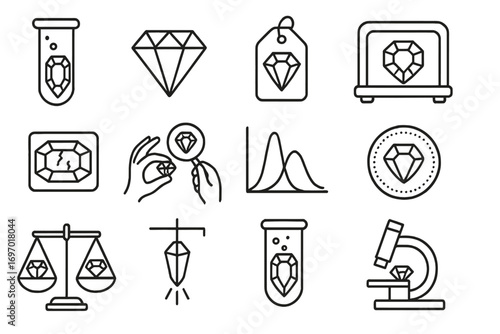 Synthetic vs Natural Gems. Line style icons of synthetic vs. natural gems: test tube gemstone icon, lab-grown gem, natural origin