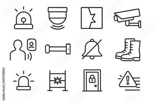 Security Risk Icons. Line style icons of security risk symbols: alarm icon, motion sensor, broken glass alert, surveillance icon,