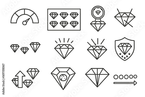 Gemstone Value Factors. Line style icons of gemstone value factors: color intensity meter, clarity chart icon, carat weight gauge,