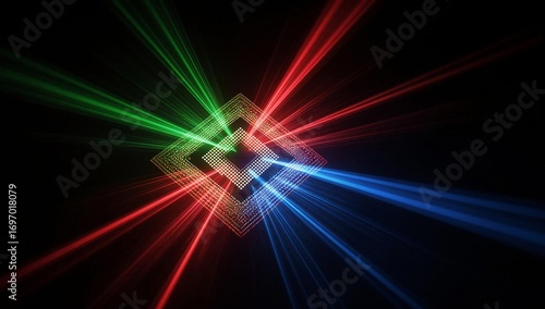 A quantum photonics chip emitting RGB laser beams in a dark laboratory setting.