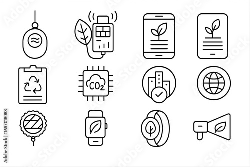 Eco-friendly Gadget Icons. Line style icons of eco-smart gadgets: air purifier pendant, solar leaf charger, environmental index