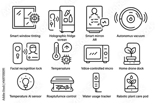 AI-Powered Home Gadgets. Line style icons of AI-integrated home gadgets: smart window tinting unit, holographic fridge screen,