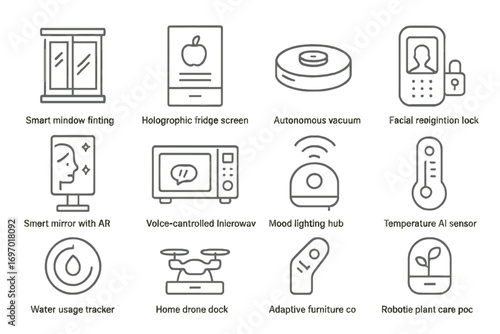 AI-Powered Home Gadgets. Line style icons of AI-integrated home gadgets: smart window tinting unit, holographic fridge screen,