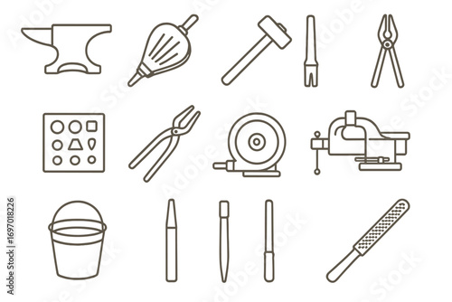 Blacksmith Tools Icons. Line style icons of blacksmith antique tools: anvil, bellows, hammer, swage block, tongs, hardy tool,