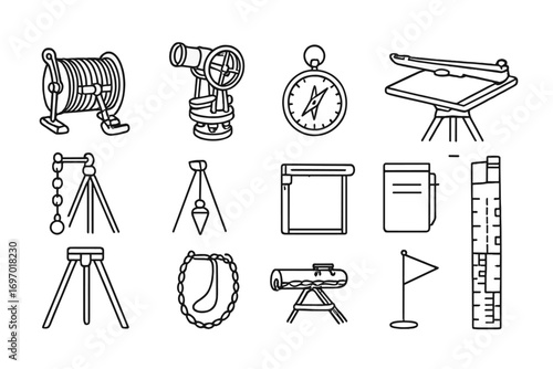 Antique Survey Tools Icons. Line style icons of antique surveying tools: chain reel, transit, compass, plane table, alidade,