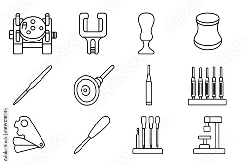 Clockmaker Tools Icons. Line style icons of clockmaker tools: movement holder, hand remover tool, case opener, jeweler’s loupe,