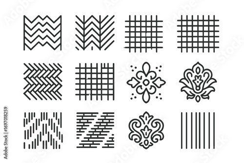Line Style Weave Patterns. Line style icons of fabric patterns in weaving: chevron weave, herringbone weave, plain weave, satin