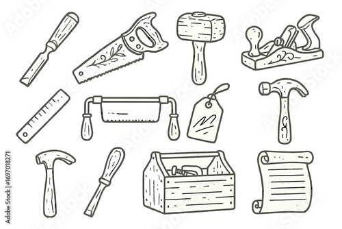 Vintage Tool Icons. Line style icons of multi-generation tools: heirloom chisel, engraved saw, worn mallet, family plane, notched