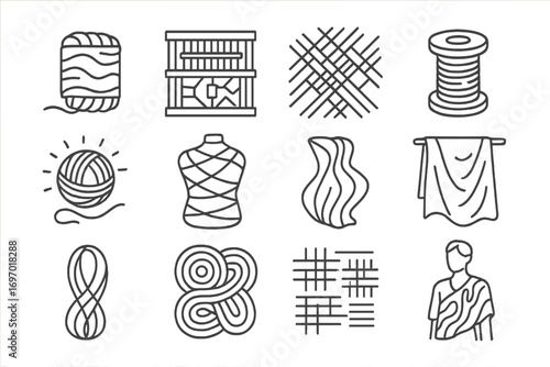 Experimental Weaving Icons. Line style icons of experimental weaving: unconventional fiber roll, mixed media loom, abstract weave