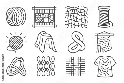 Experimental Weaving Icons. Line style icons of experimental weaving: unconventional fiber roll, mixed media loom, abstract weave