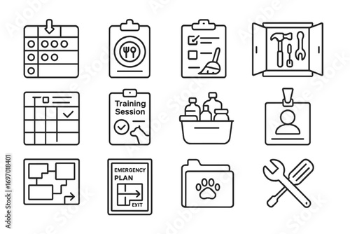 Facility Management Icons. Line style icons of facility management in rehab: shift board icon, feeding schedule chart, cleaning