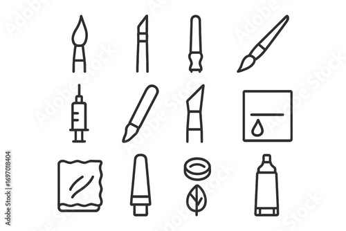 Calligraphy Tools Icons. Line style icons of calligraphy brushes and writing tools: round brush tip, flat calligraphy brush,