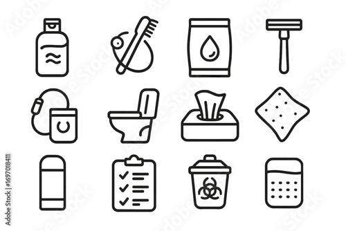 Zero-Gravity Hygiene Icons. Line style icons of zero-gravity hygiene and care: rinse-free shampoo pack, orbital toothbrush,