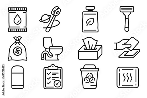 Zero-Gravity Hygiene Icons. Line style icons of zero-gravity hygiene and care: rinse-free shampoo pack, orbital toothbrush,