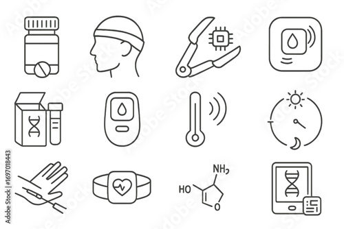 Biohacking Tools Icons. Line style icons of biohacking tools: nootropic pill bottle, brainwave headband, microchip implant tool,