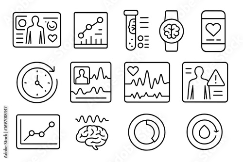Biohacking Interface Icons. Line style icons of biohacking data interfaces: real-time body dashboard, biometric chart display,
