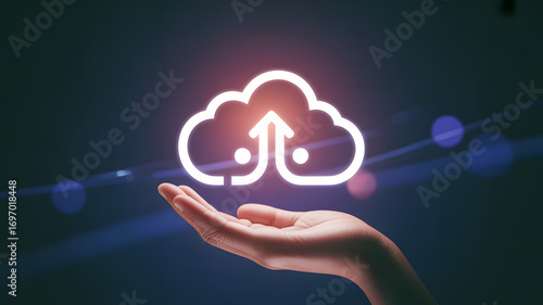 Cloud Computing at Your Fingertips: A minimalist image showcasing a hand delicately cradling a glowing cloud icon, symbolizing seamless access to digital information and connectivity.
