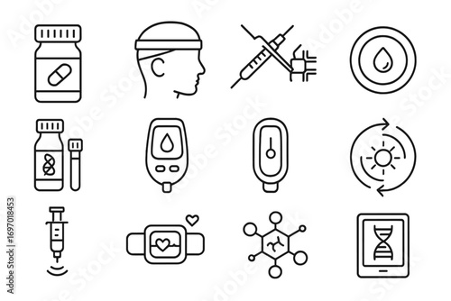 Biohacking Tools Icons. Line style icons of biohacking tools: nootropic pill bottle, brainwave headband, microchip implant tool,