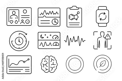 Biohacking Interface Icons. Line style icons of biohacking data interfaces: real-time body dashboard, biometric chart display,