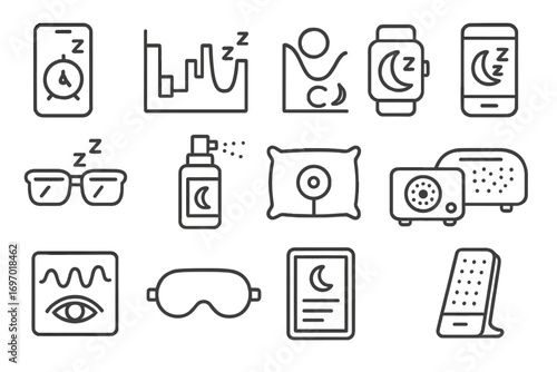 Sleep Optimization Icons. Line style icons of sleep optimization tools: sleep cycle alarm, deep sleep chart, circadian graph,