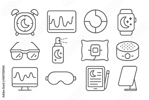 Sleep Optimization Icons. Line style icons of sleep optimization tools: sleep cycle alarm, deep sleep chart, circadian graph,