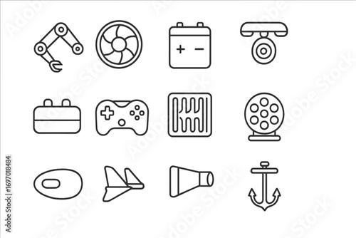 ROV and AUV Components. Line style icons of ROV and AUV parts: robotic claw arm, propeller thruster, battery housing, camera