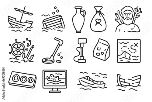 Marine Archaeology Icons. Line style icons of marine archaeology: ancient shipwreck icon, sunken cargo crate, amphora jar,