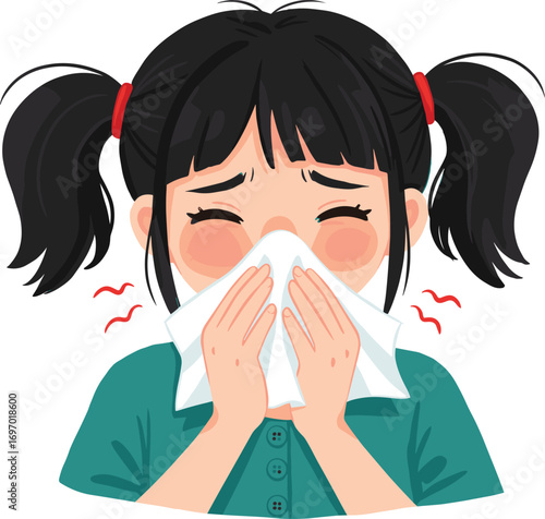 Sneezing child, hygiene, illness, cold symptoms, blowing nose, sick girl, allergy reaction, health care, virus, tissue, discomfort, flu, infection, seasonal sickness, medical icon, cartoon vector