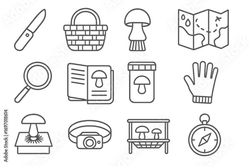 Mushroom Foraging Icons. Line style icons of mushroom foraging tools: field knife, collection basket, mushroom brush, waterproof