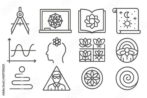Sacred Geometry Symbols. Line style icons of teacher and learning symbols in sacred geometry: geometry compass, chalkboard mandala